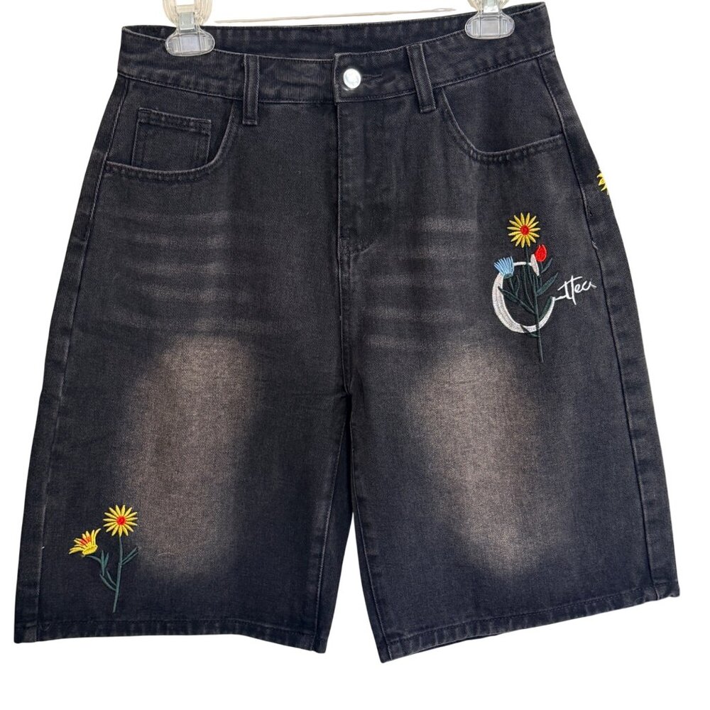 Black Wash Embroidered Denim Shorts Womens M High Rise Floral Graphics